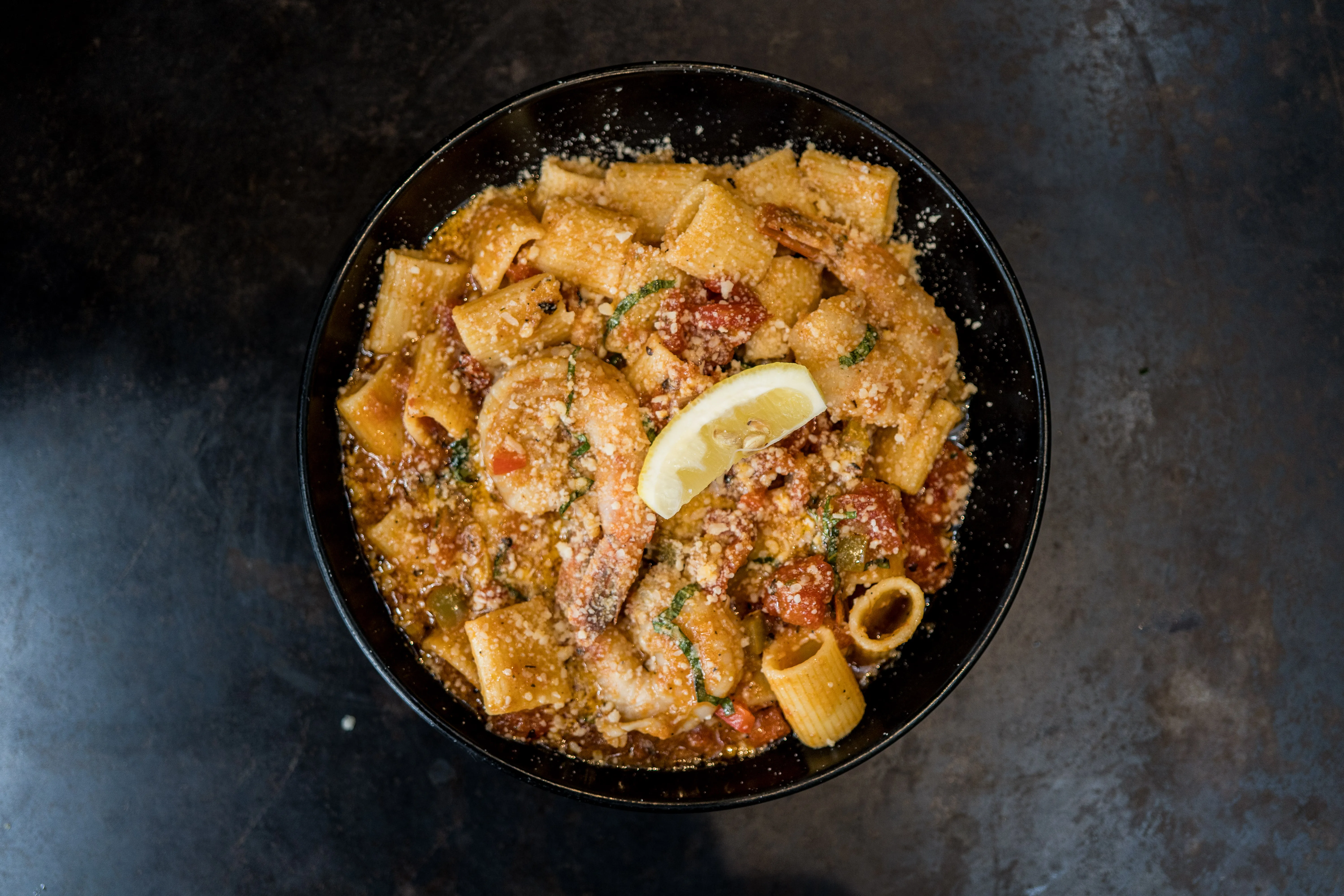 gulf shrimp · roasted tomato basil cream · parm