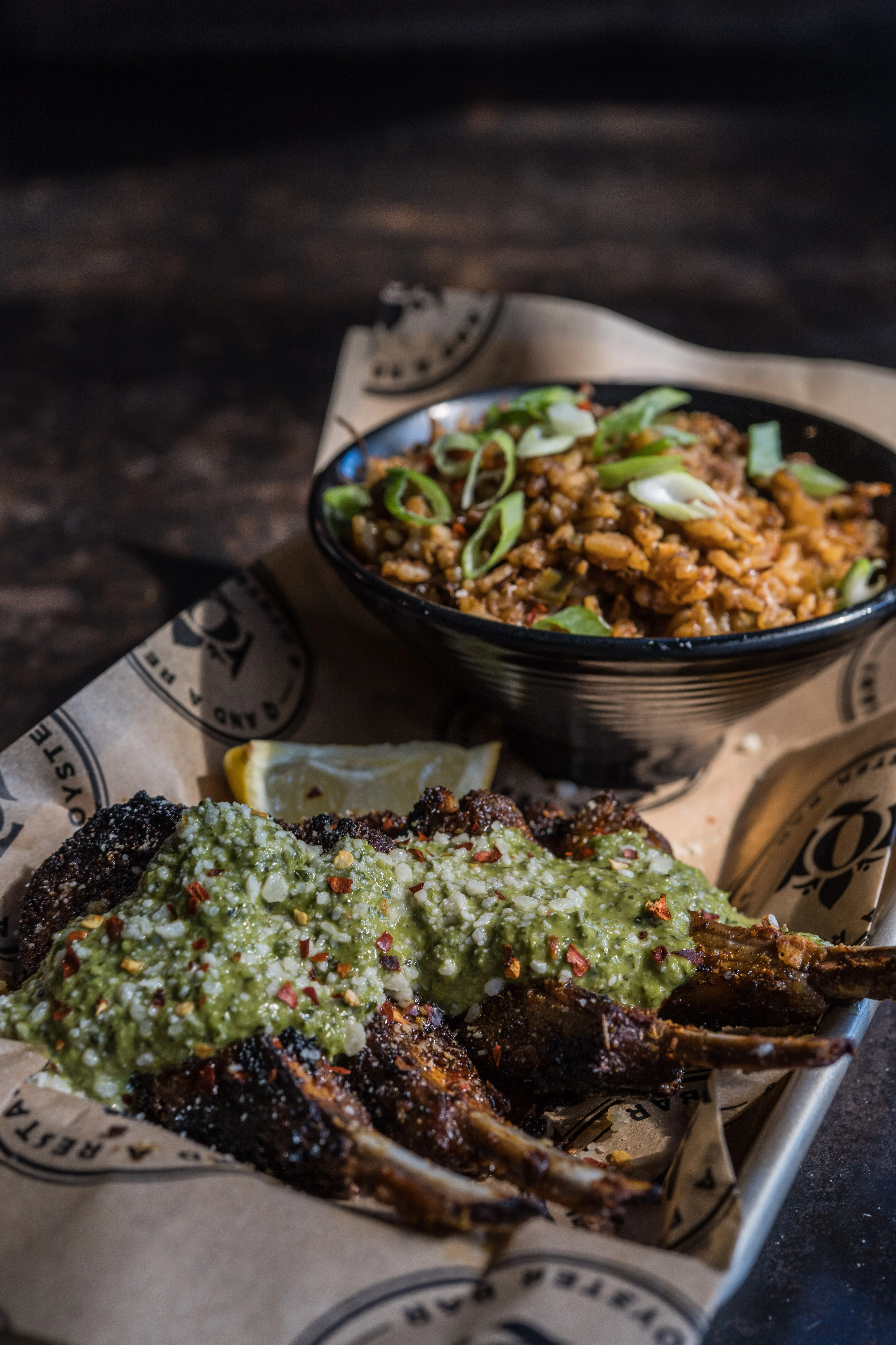 Lamb and oxtail dirty rice with chimichurri and mint oil at Louisiana Purchase