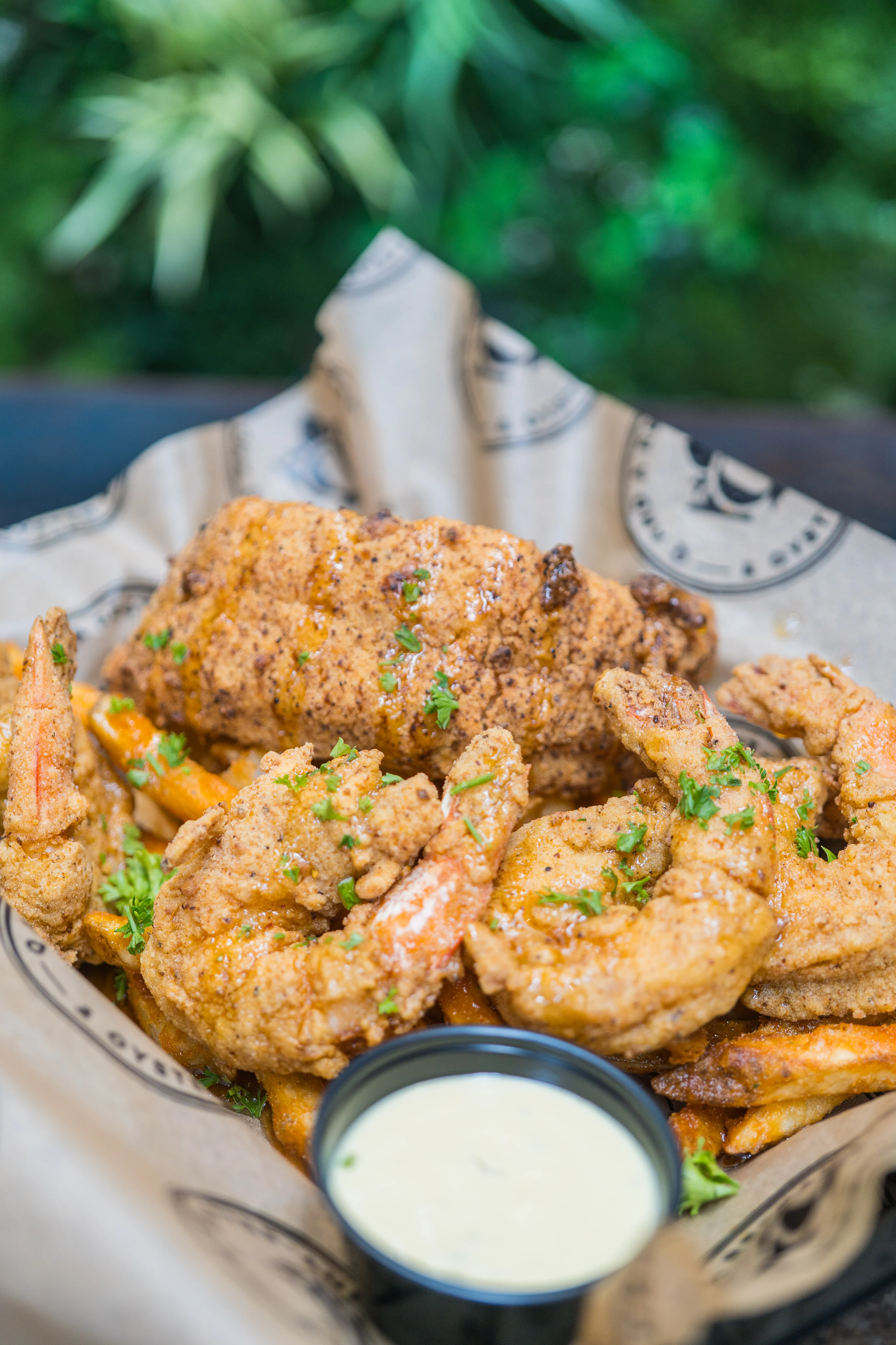 catfish fillet · 5 shrimp · cajun fries · hot honey · tartar