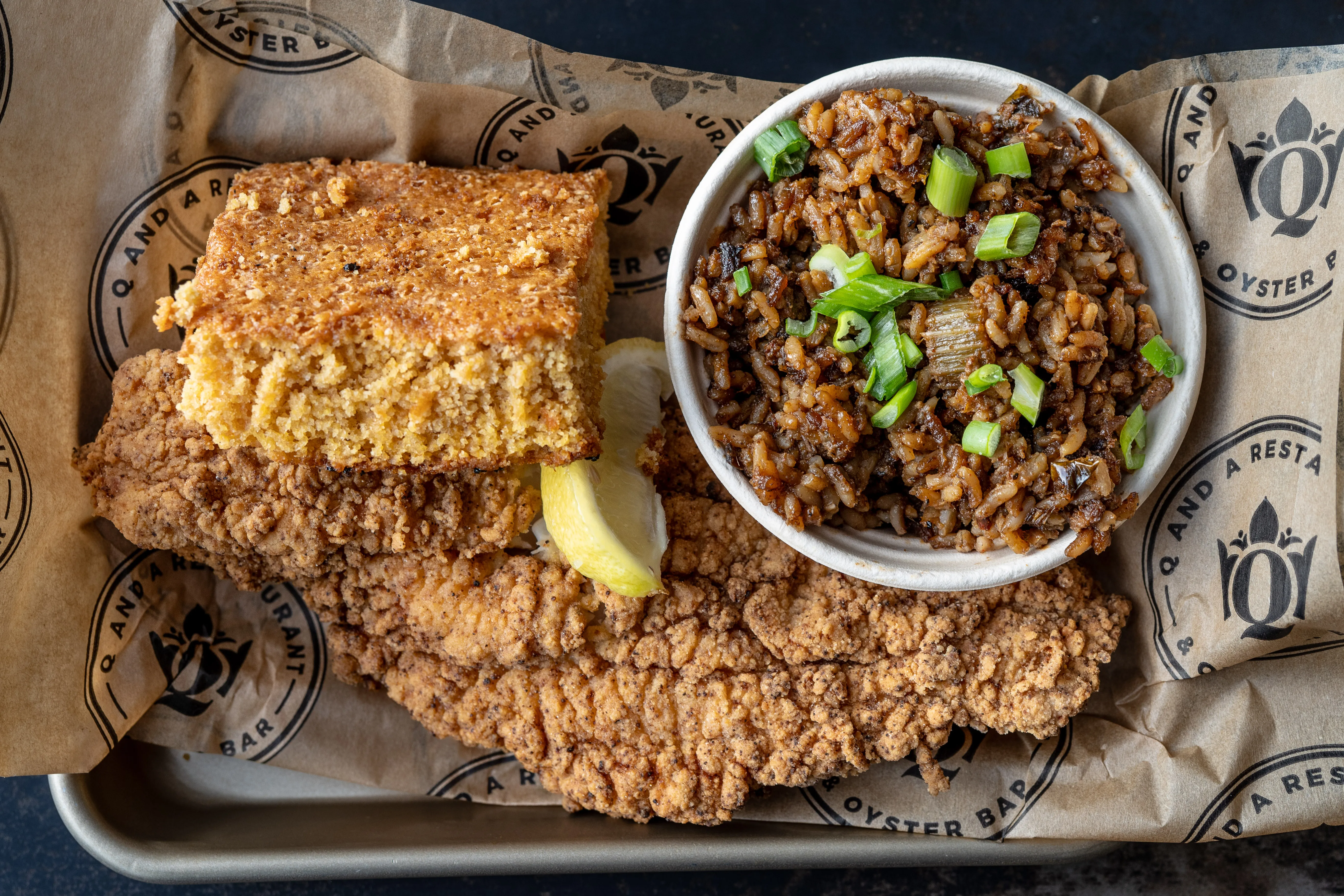 whole fillet catfish · lemon pepper crust · cornbread · tartar