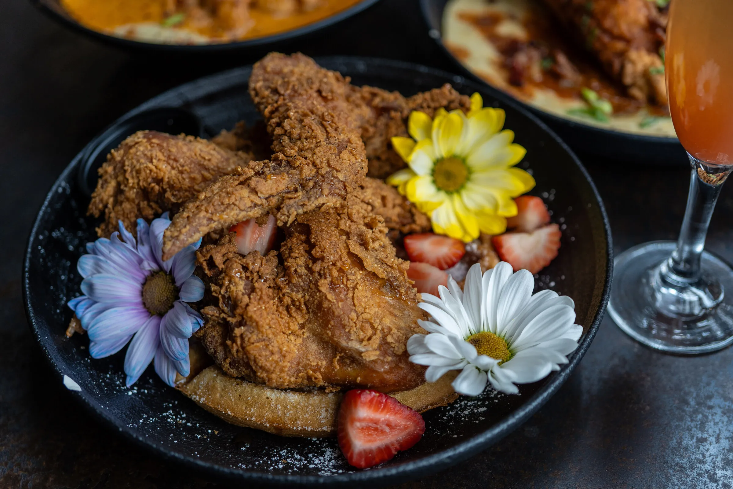 Fried chicken and waffles brunch spread at a private event at Louisiana Purchase North Park